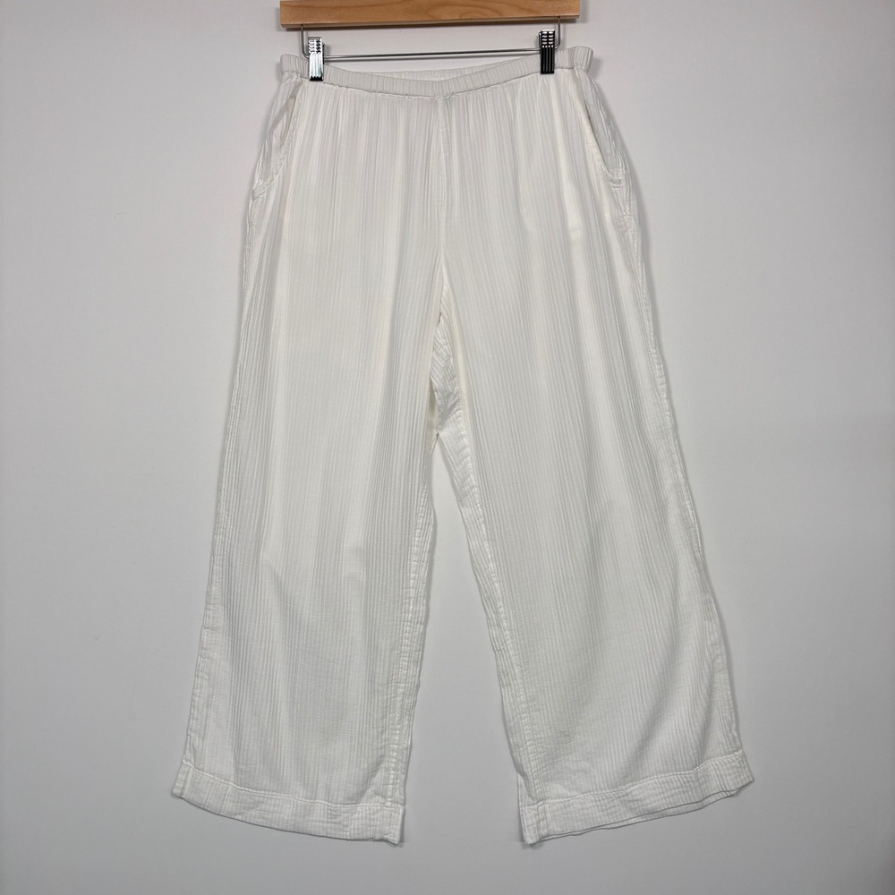 J.Crew Womens Wide Leg Pants M White Textured Cotton Gauze Elastic Waist 10600